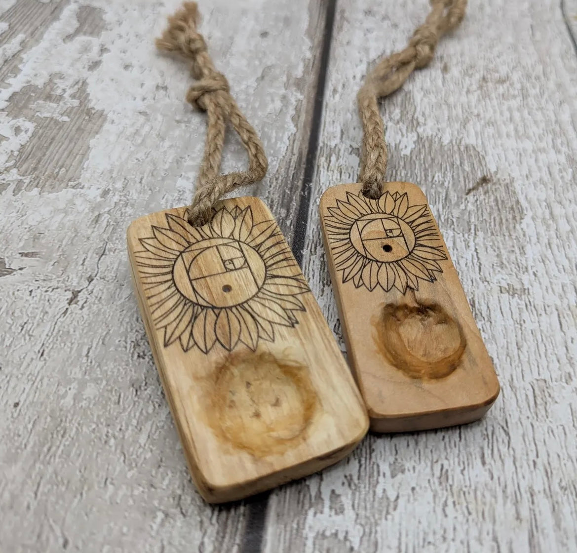 Sunflower Fibonacci travel sized wooden incense holder.