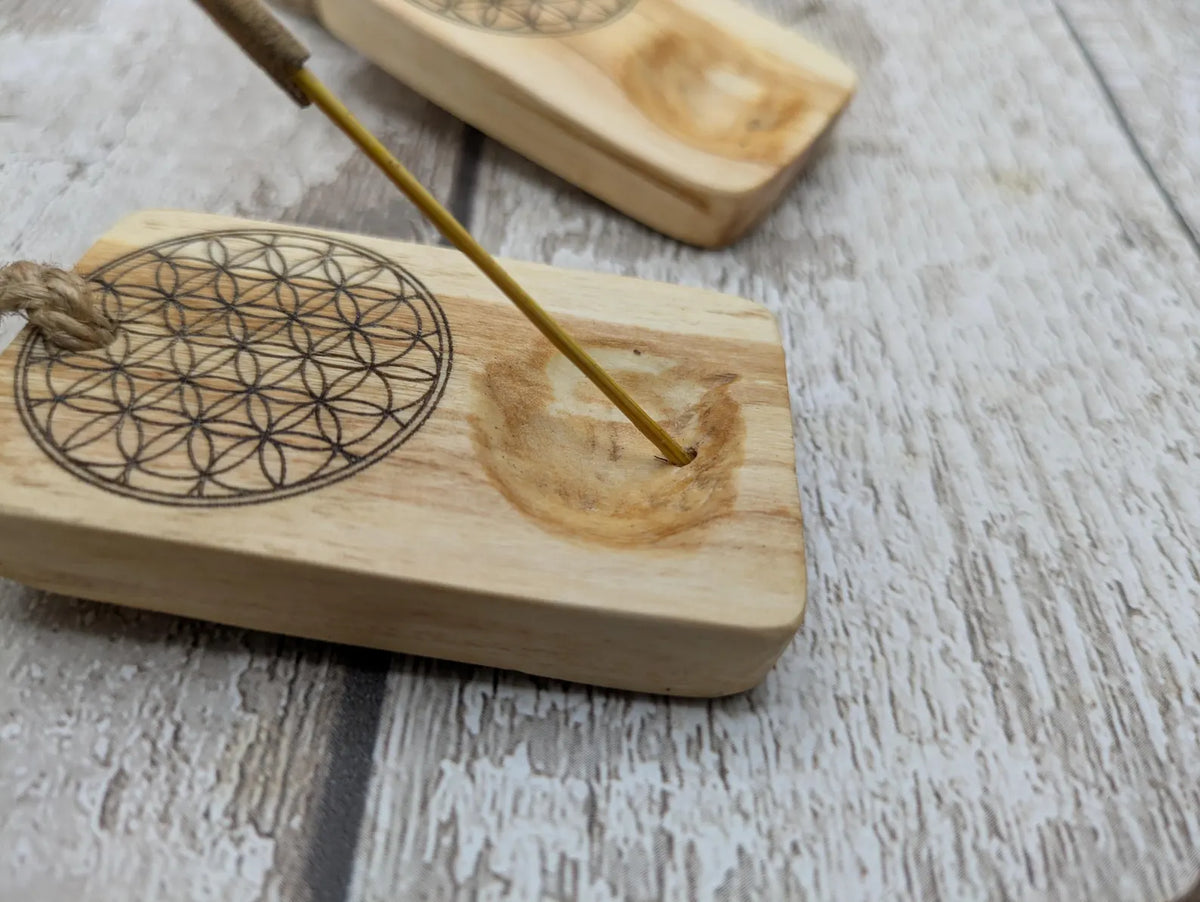 U known wood offcuts incense holder with flower of life design