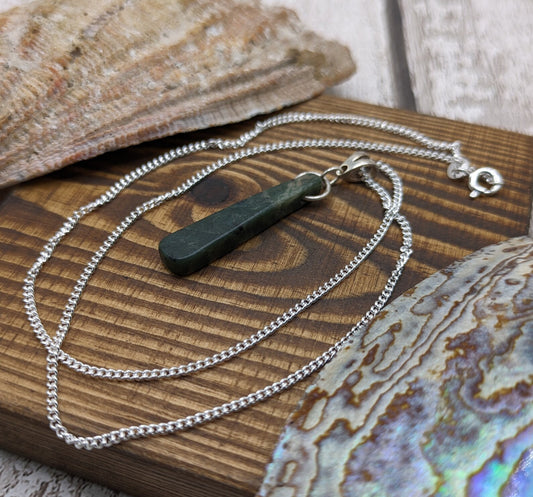 New Zealand Pounamu Greenstone serpentine, roimata drop on silver pendant.