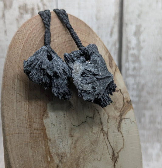 Raw Black Kyanite Fan Pendant – Natural Healing Crystal Necklace, simple and casual jewellery, Each Unique, Handmade Cord Setting