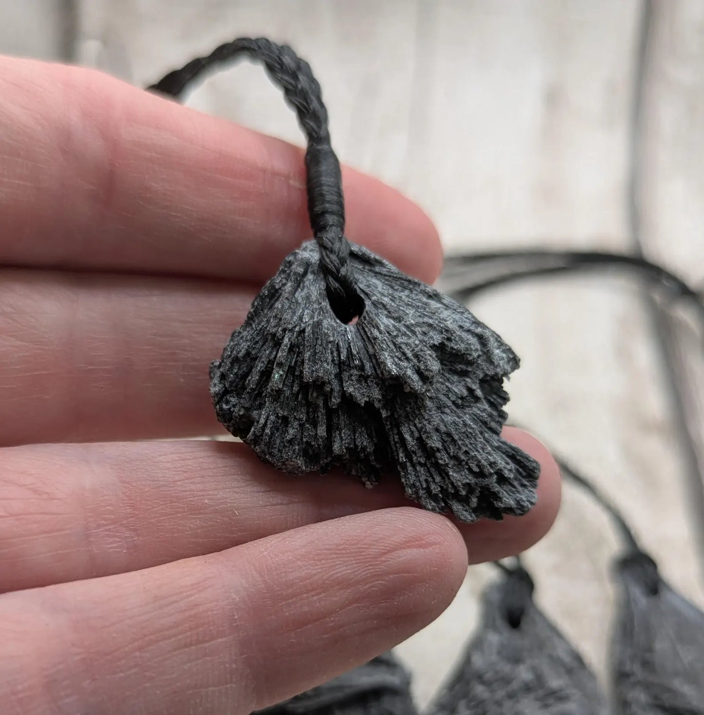 Raw Black Kyanite Fan Pendant – Natural Healing Crystal Necklace, simple and casual jewellery, Each Unique, Handmade Cord Setting