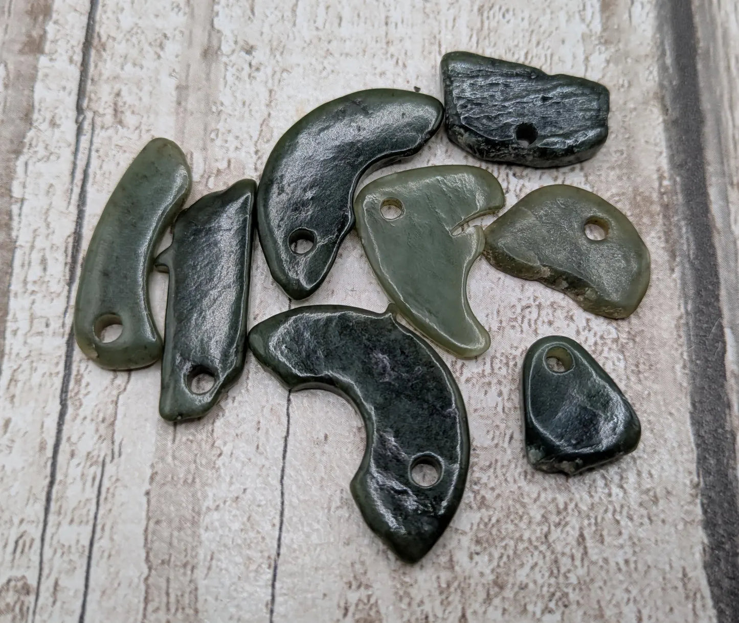 8 Odd-Shaped New Zealand Pounamu Beads – Unique Tumble polished Greenstone Jade Offcuts for Jewellery making & Craft Projects.