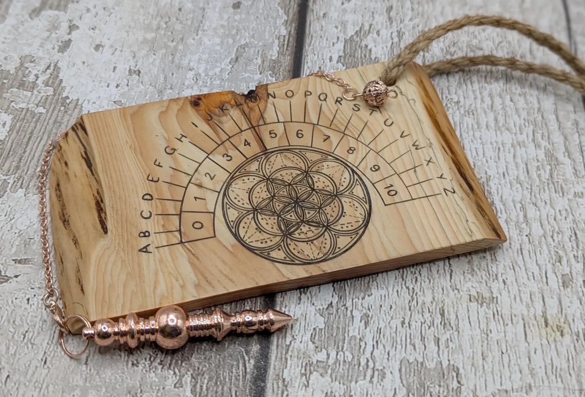 Lace wood mini pocket sized pendulum dowsing board.