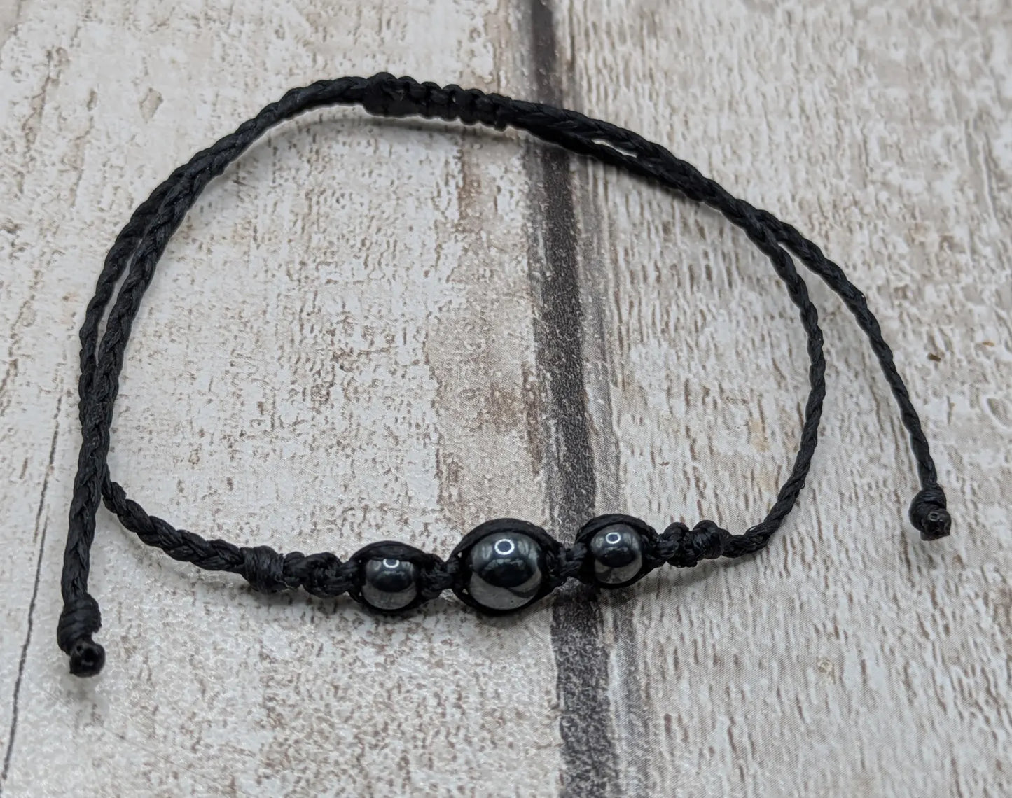 Hematite beaded macrame woven bracelet.