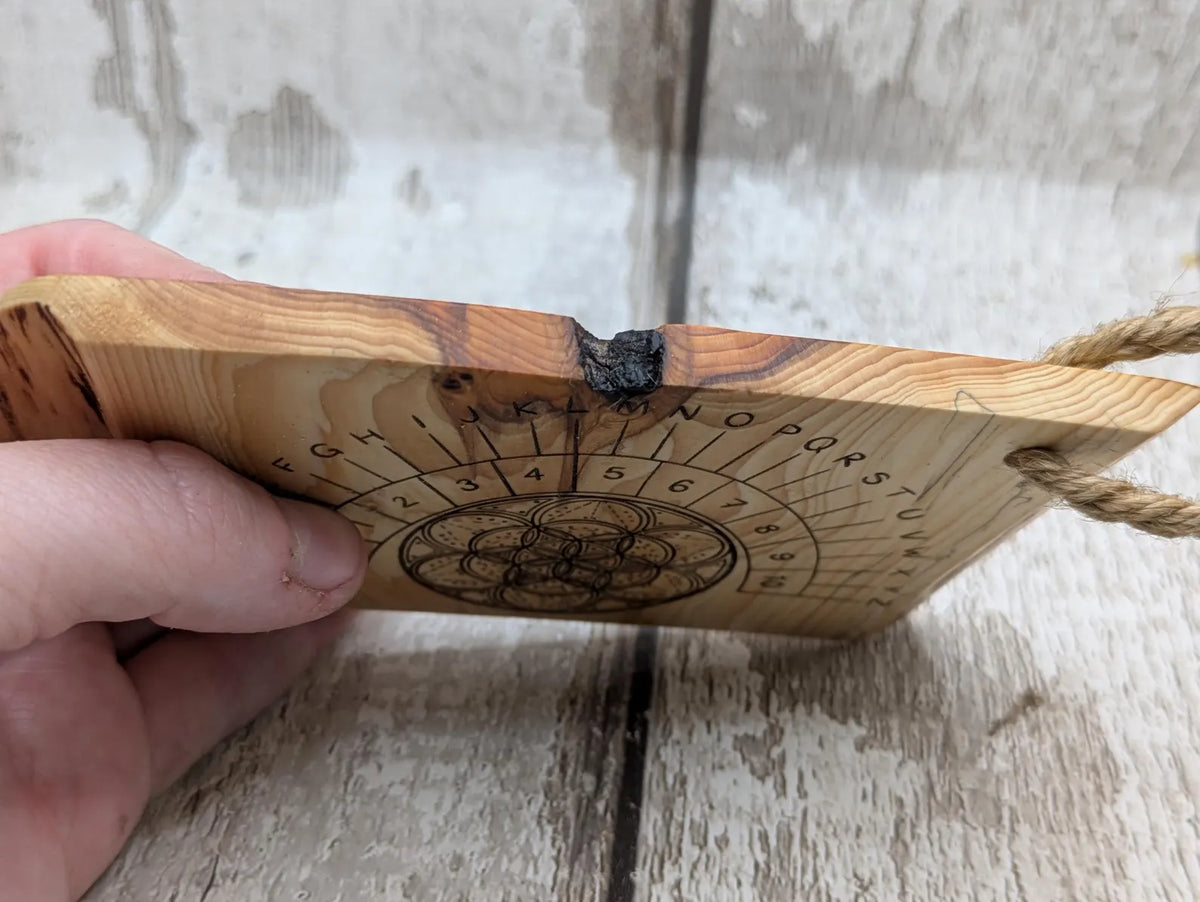 Lace wood mini pocket sized pendulum dowsing board.