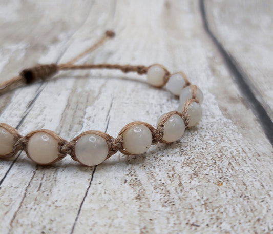 Peach adventurine beaded macrame woven bracelet.
