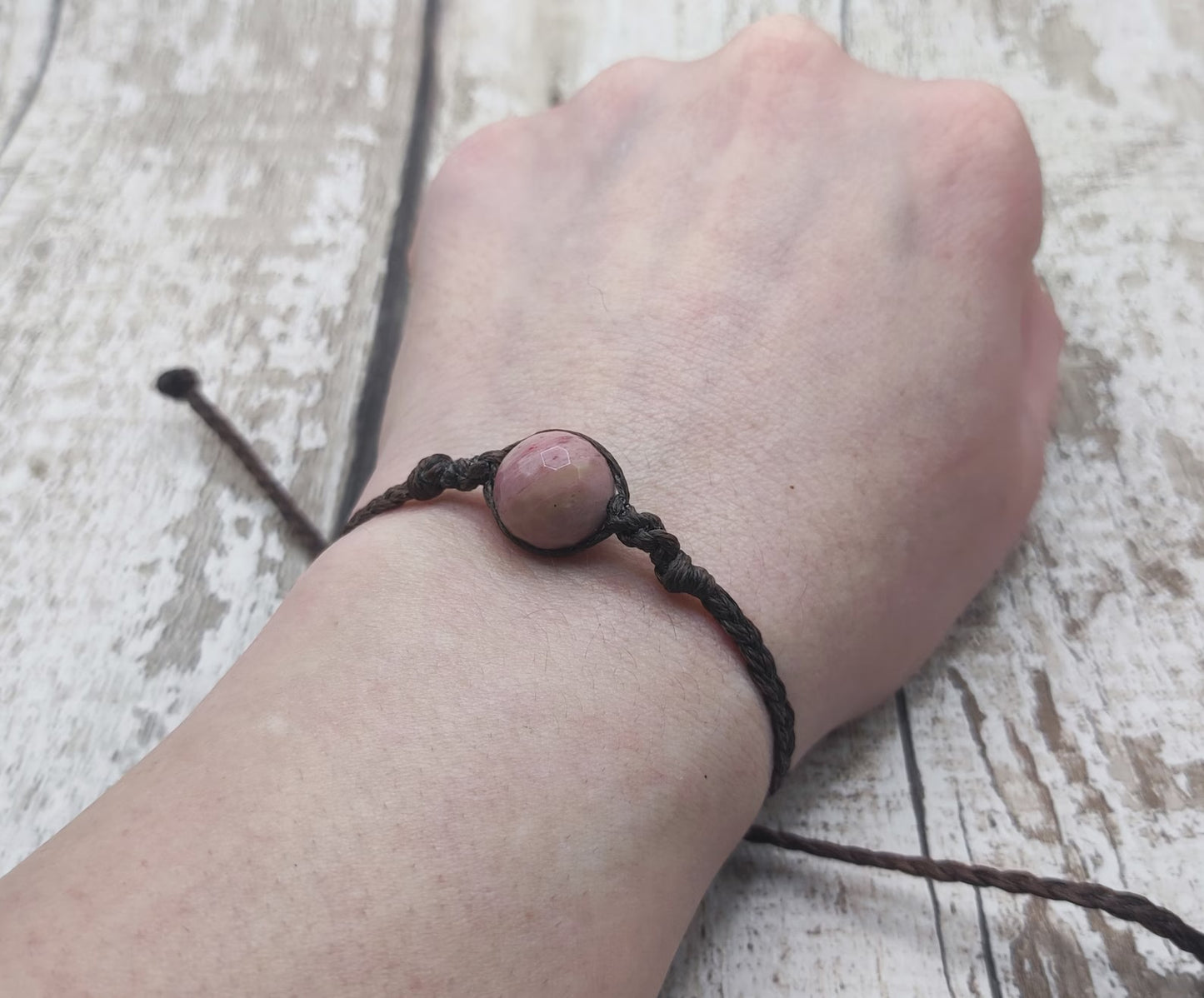 Rhodochrosite macrame woven adjustable bracelet.