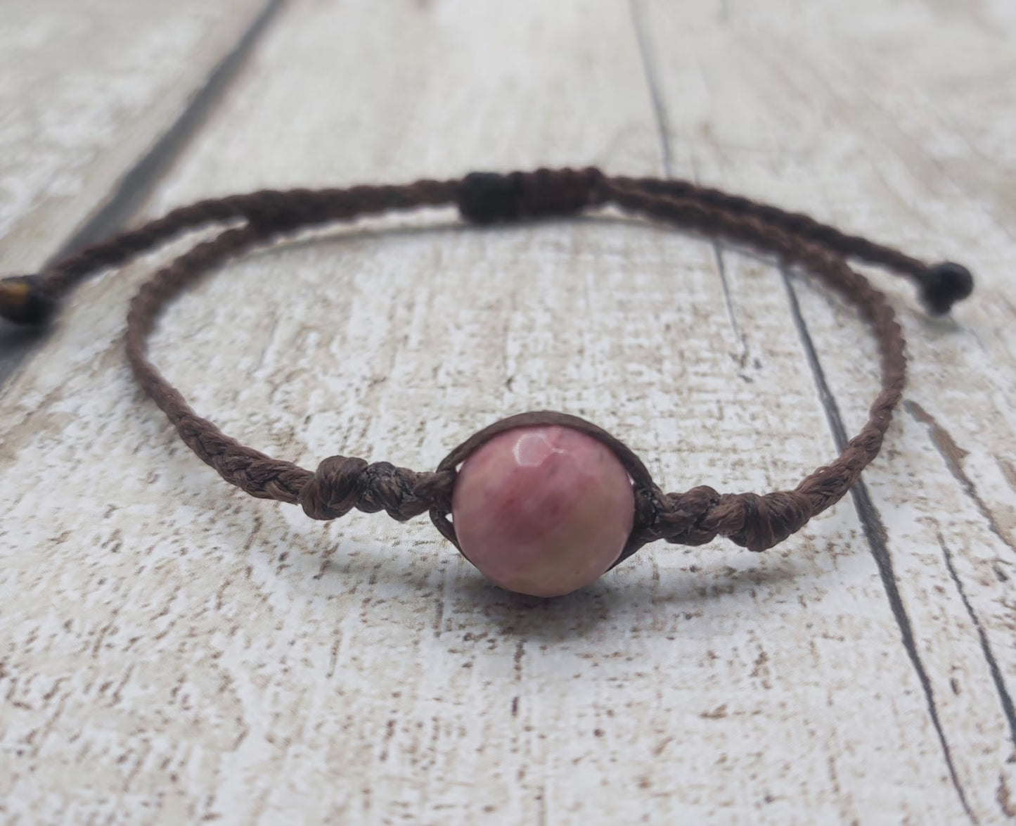 Rhodochrosite macrame woven adjustable bracelet.