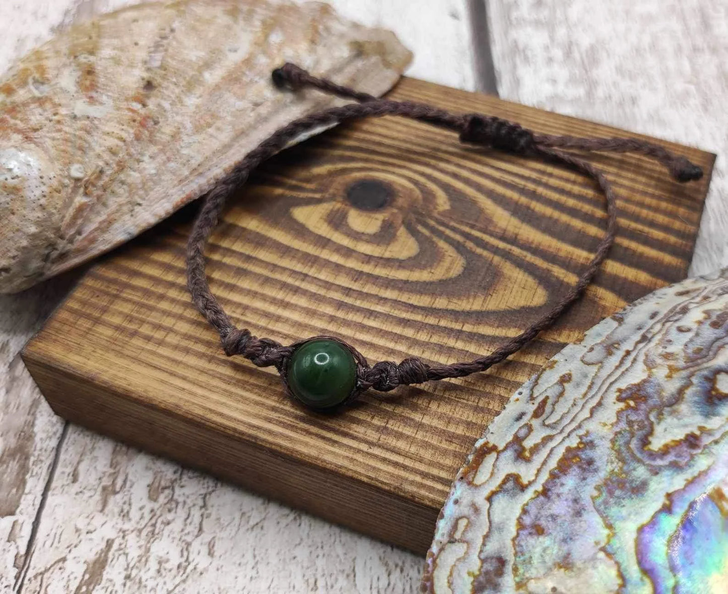 Nephrite jade beaded adjustable bracelet