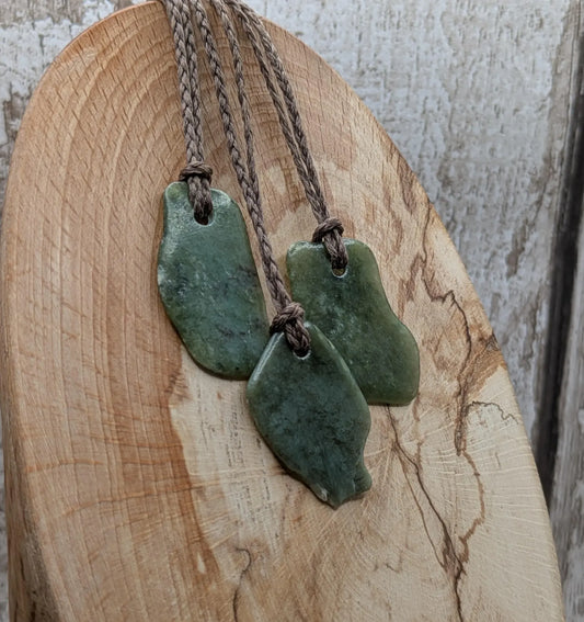 Tumble polished New Zealand Pounamu Jade Necklace – Raw Greenstone Offcut crystal Pendant on Cord, simple spiritual jewellery.