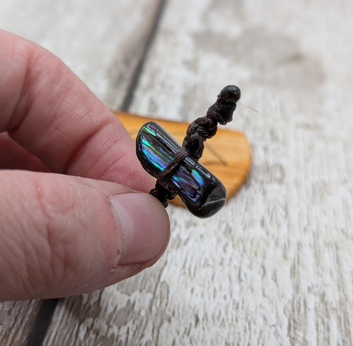 Yew wood pikorua laser printed bookmark with pāua abalone shell bead .