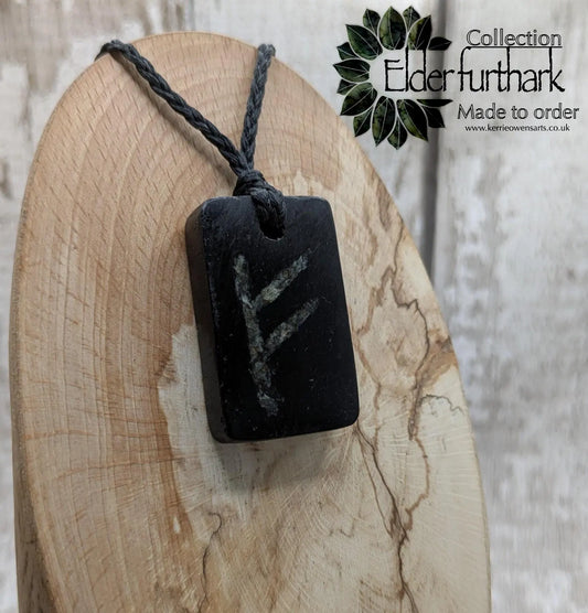 Fenland bog oak pendant and NZ Jade fehu rune