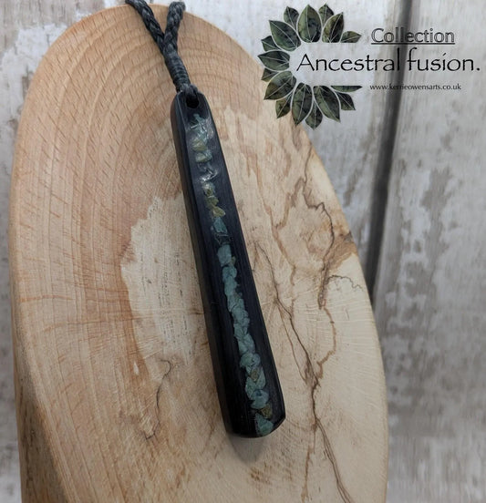 Made to order Fenland bog oak roimata pendant with NZ pounamu Greenstone.