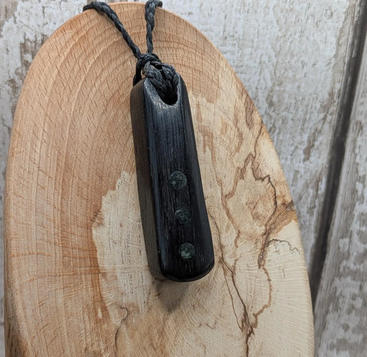 Bog oak with nz Pounamu serpentine, roimata pendant.