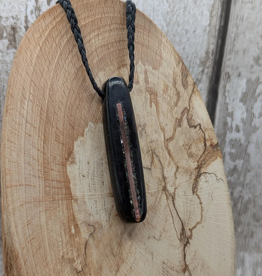 Fenland bog oak oval pendant with NZ pāua shell and copper wire