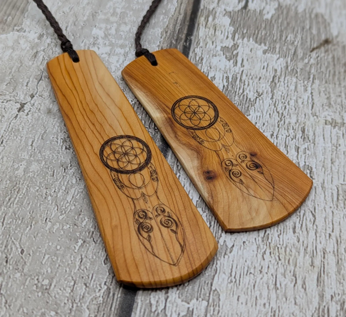 Yew wood, goddess deity laser printed bookmark with pāua shell beaded tassel.