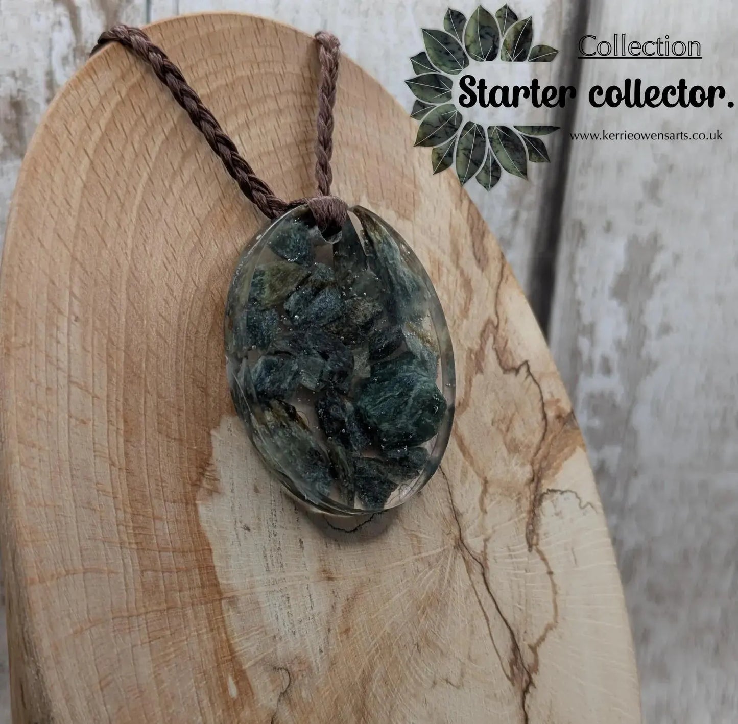 Oval mixed Pounamu jade offcuts in epoxy resin pendant.