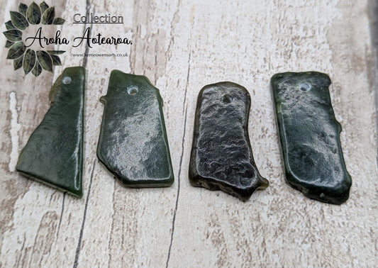 4 Centre-Drilled New Zealand Pounamu pendant Beads – Tumble polished Greenstone Offcuts for Jewellery Making and craft projects.