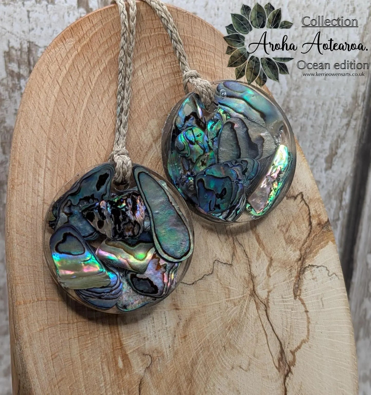 Wild New Zealand rainbow Pāua shell in epoxy resin pendant.
