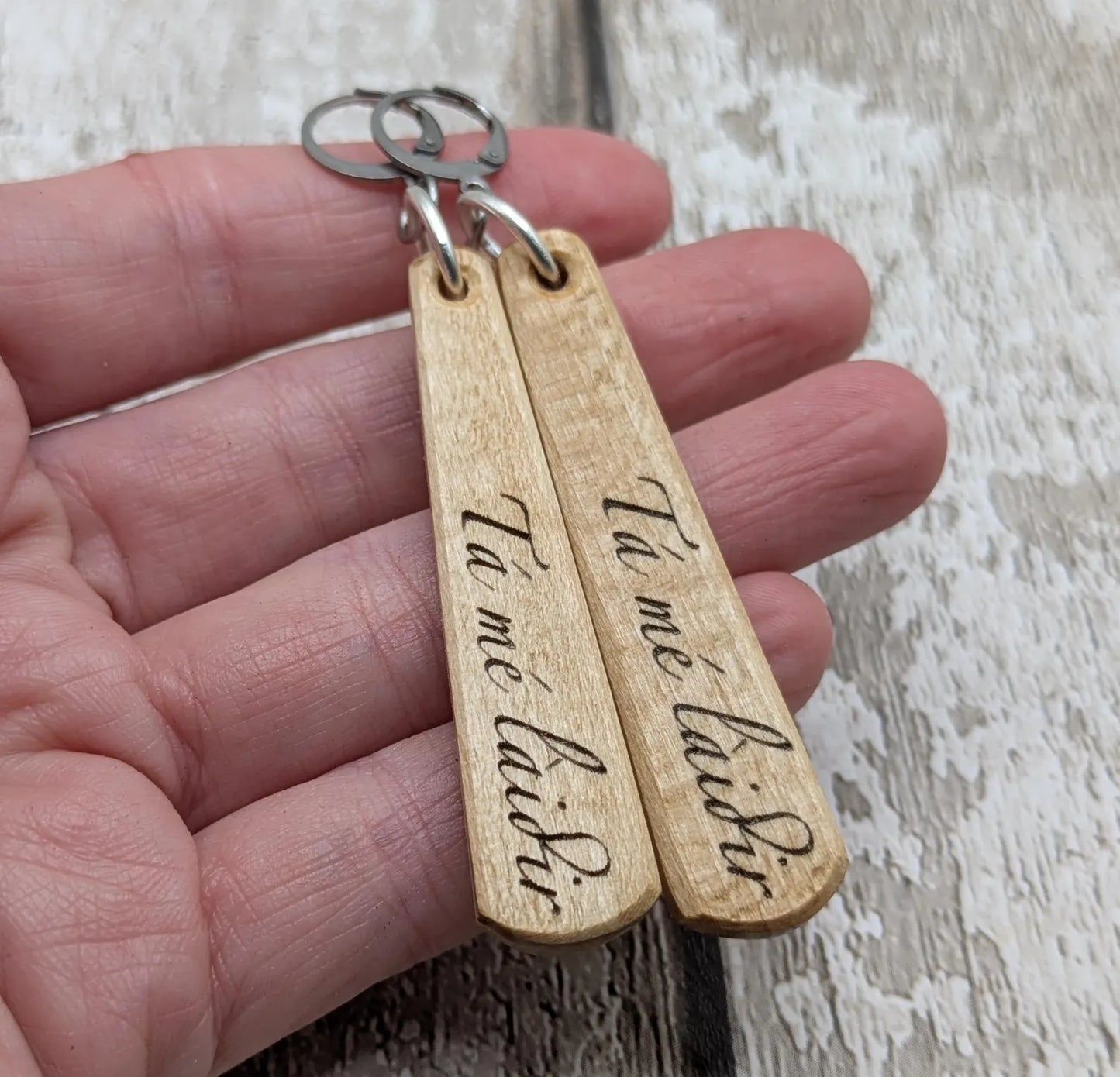Lime Wood Roimata Earrings, Irish Gaelic "I Am Strong" Affirmation, Stainless Steel Findings