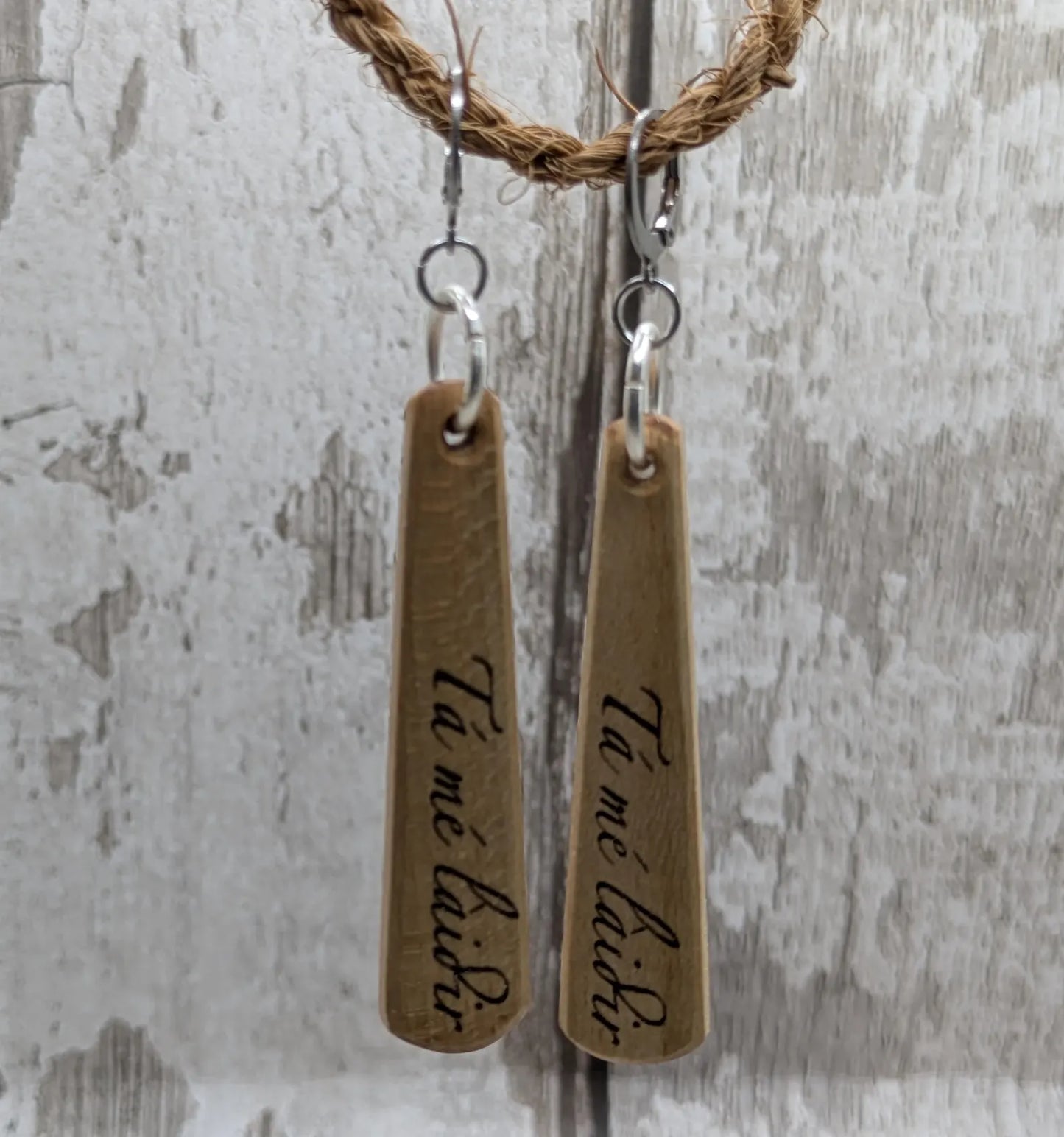 Lime Wood Roimata Earrings, Irish Gaelic "I Am Strong" Affirmation, Stainless Steel Findings