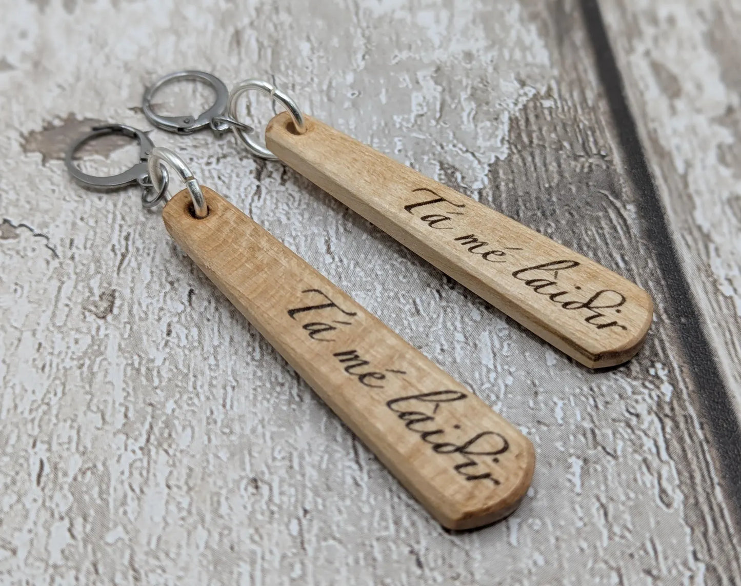 Lime Wood Roimata Earrings, Irish Gaelic "I Am Strong" Affirmation, Stainless Steel Findings