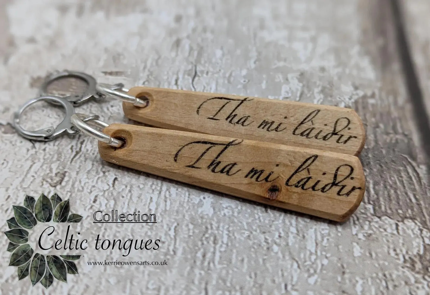 Lime Wood Roimata Earrings, Scottish Gaelic "I Am Strong" Affirmation, Stainless Steel Findings
