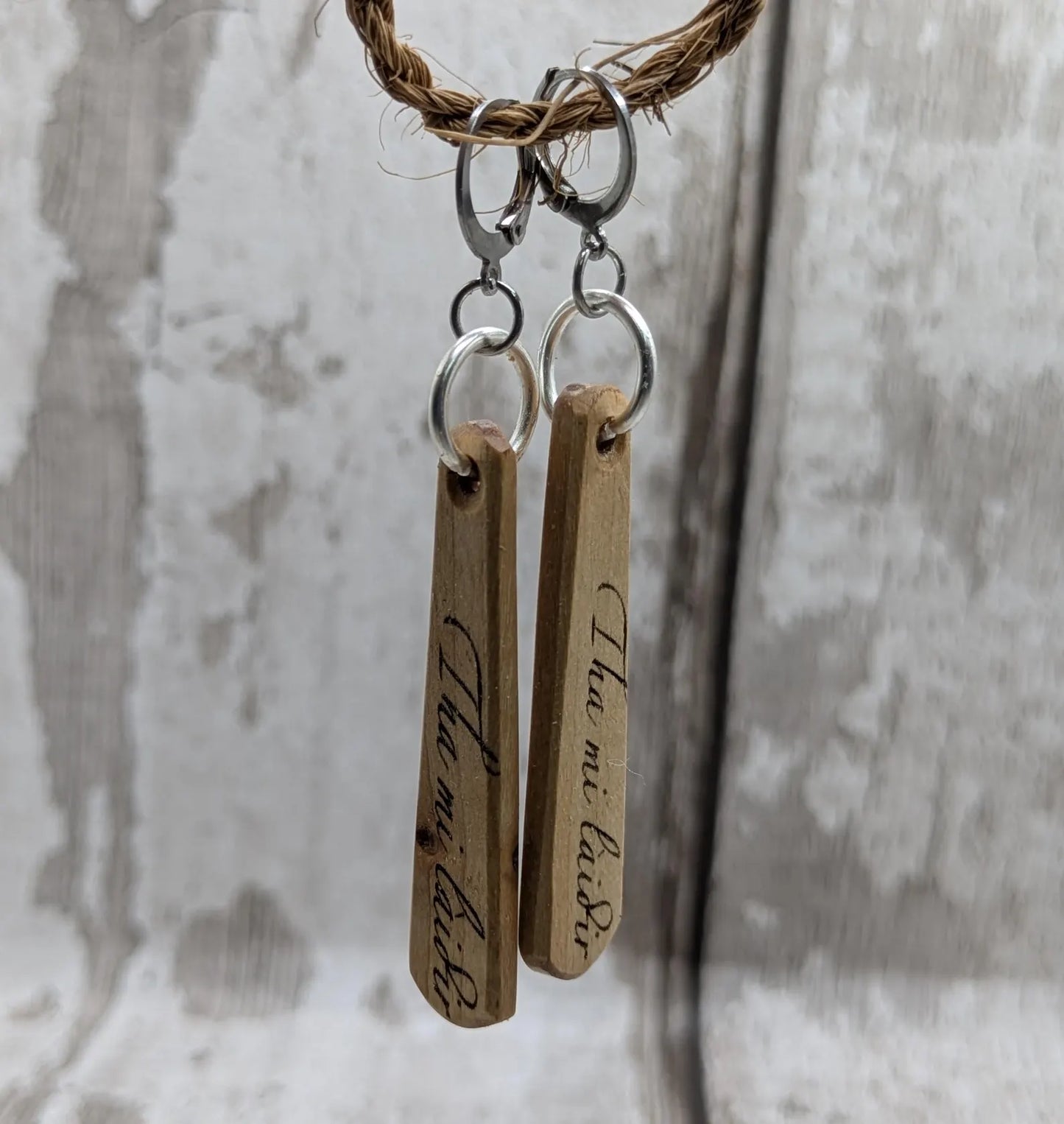 Lime Wood Roimata Earrings, Scottish Gaelic "I Am Strong" Affirmation, Stainless Steel Findings