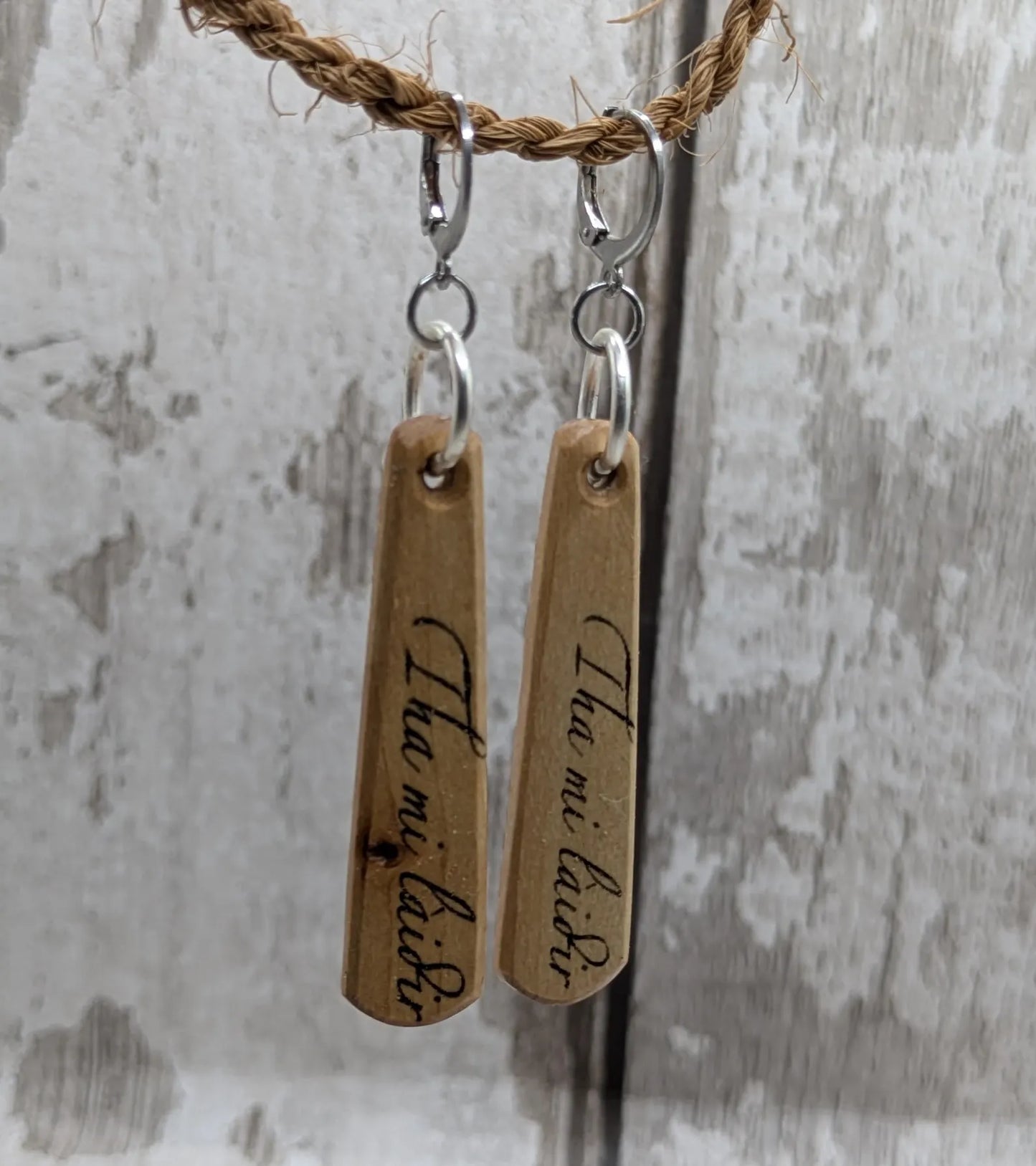 Lime Wood Roimata Earrings, Scottish Gaelic "I Am Strong" Affirmation, Stainless Steel Findings