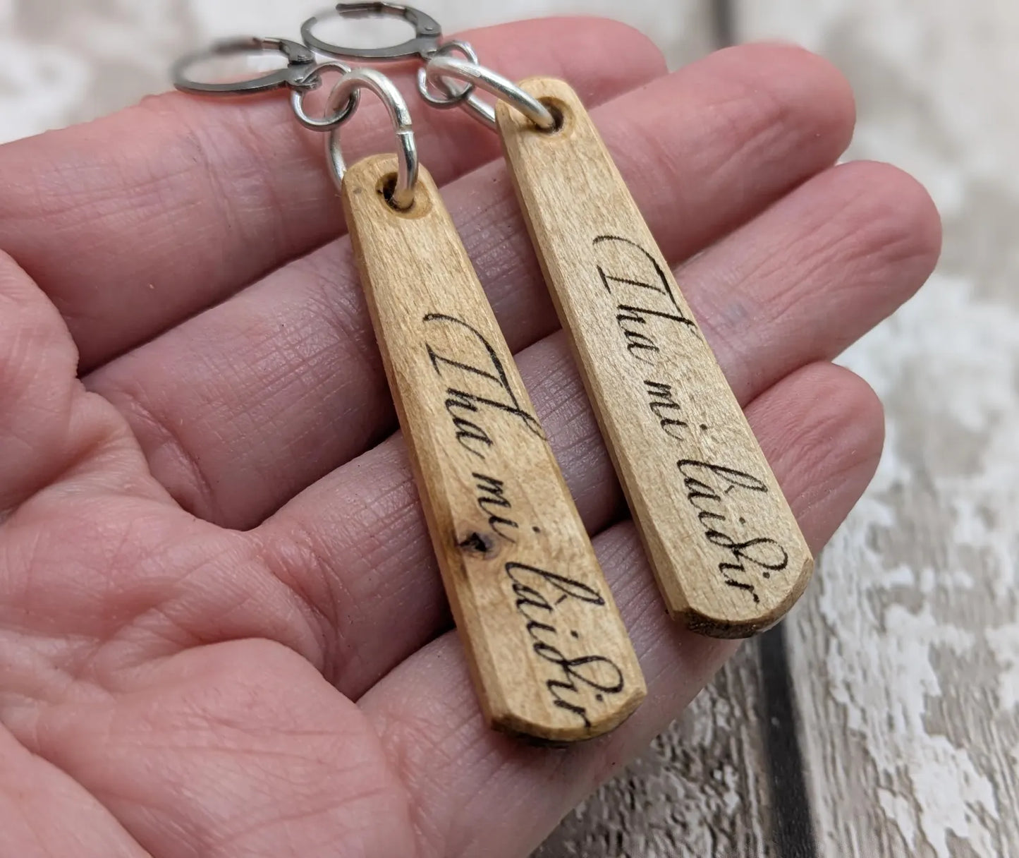 Lime Wood Roimata Earrings, Scottish Gaelic "I Am Strong" Affirmation, Stainless Steel Findings