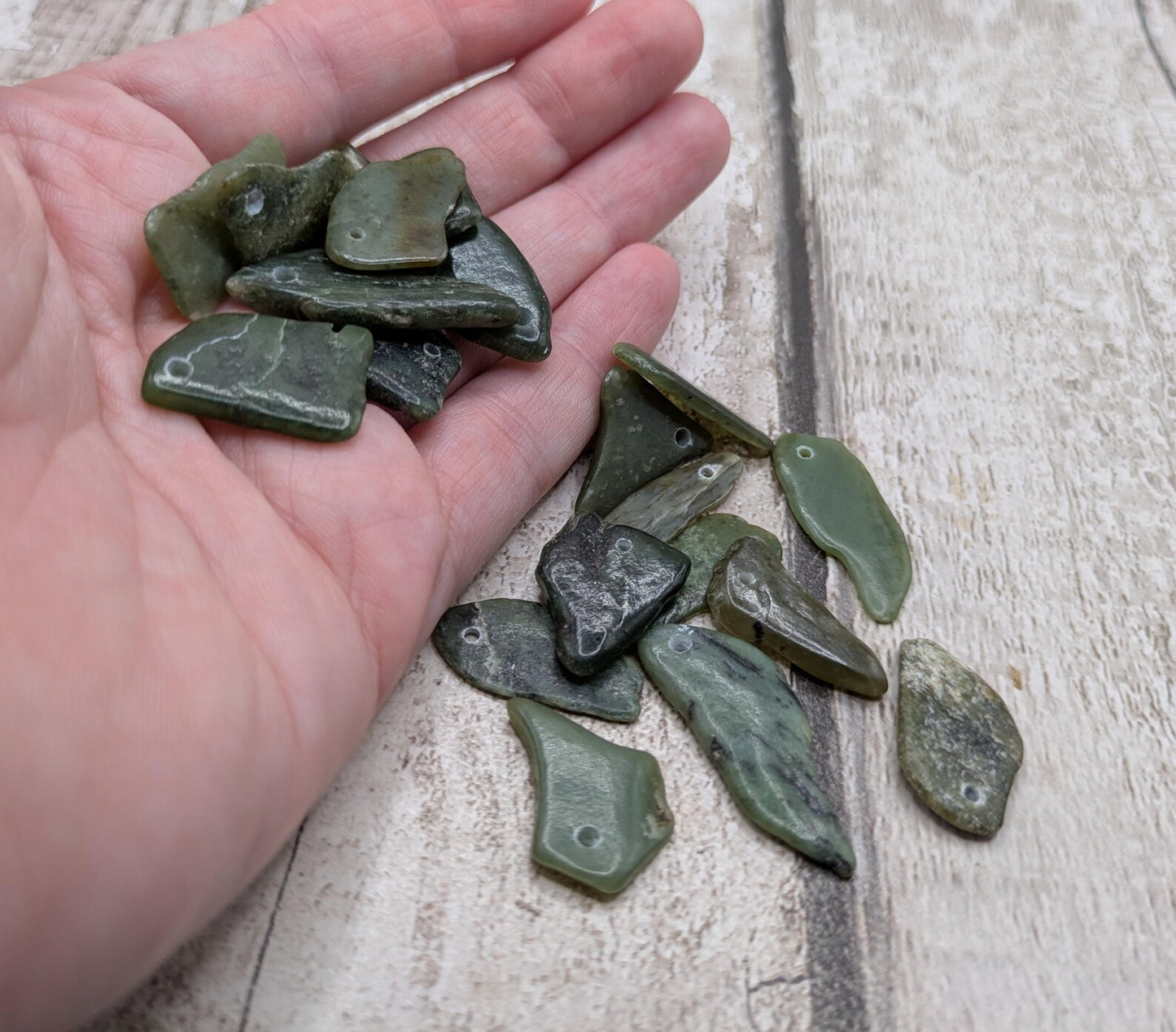 20 Top-Drilled chunky New Zealand Pounamu Beads – Tumble polished Greenstone Offcuts for Jewellery Making and craft projects.