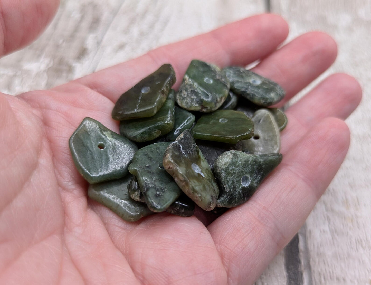 20 Centre-Drilled chunky New Zealand Pounamu Beads – Tumble polished Greenstone Offcuts for Jewellery Making and craft projects.
