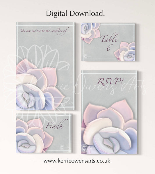 Pastel succulent wedding/party stationary pack, digital download.