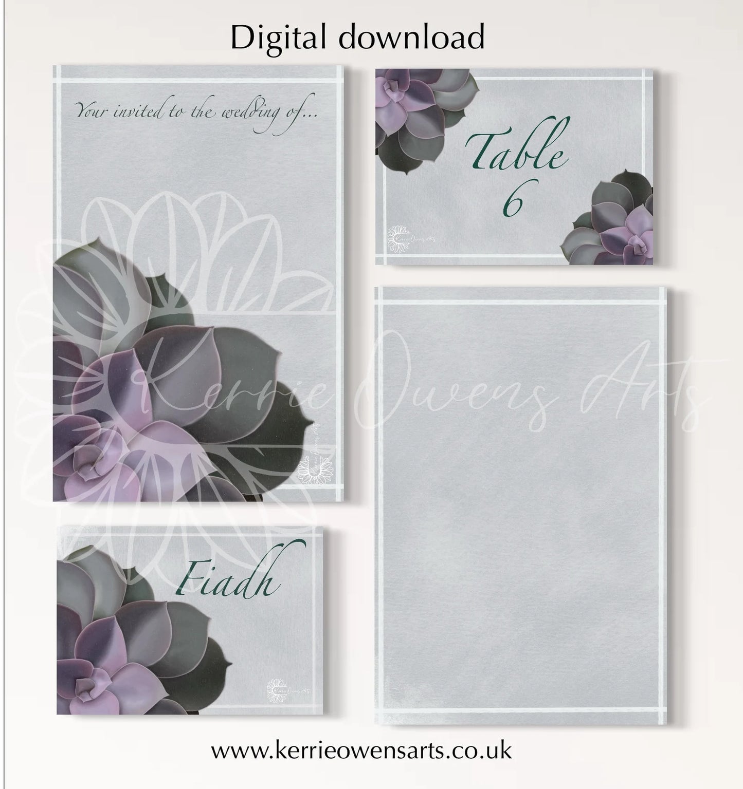 Dark succulents wedding/party stationery pack, digital download.