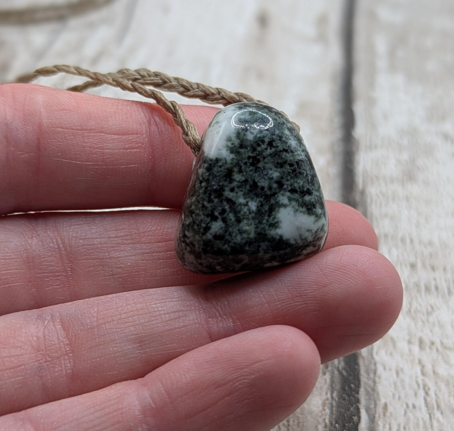Medium Preseli bluestone tumbled stone pendant.