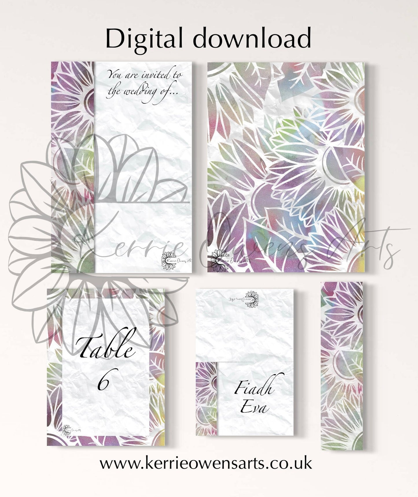 Pastel spray painted sunflower, digital download, wedding and party stationary pack.