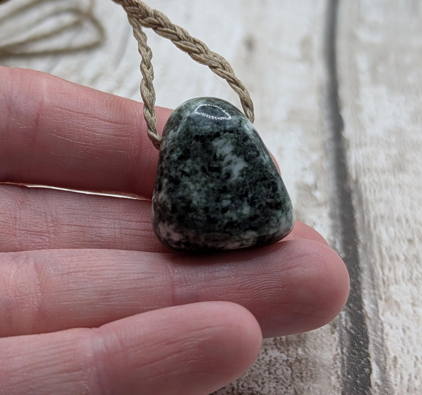 Medium Preseli bluestone tumbled stone pendant.