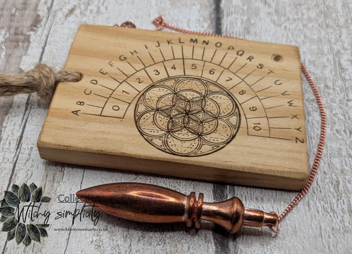 Tulip wood pendulum board with geometric laser print.