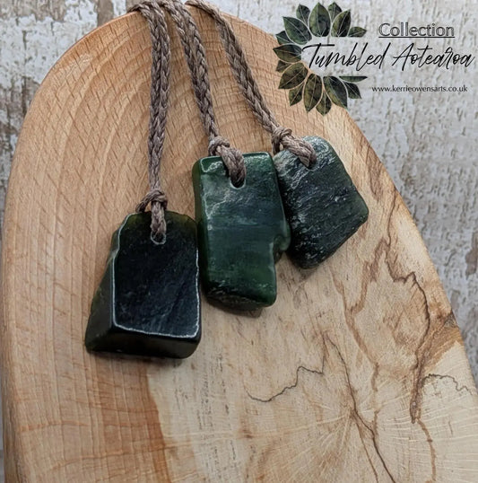 Tumble polished New Zealand Pounamu Jade Necklace – Raw Greenstone Offcut crystal Pendant on Cord, simple spiritual jewellery.