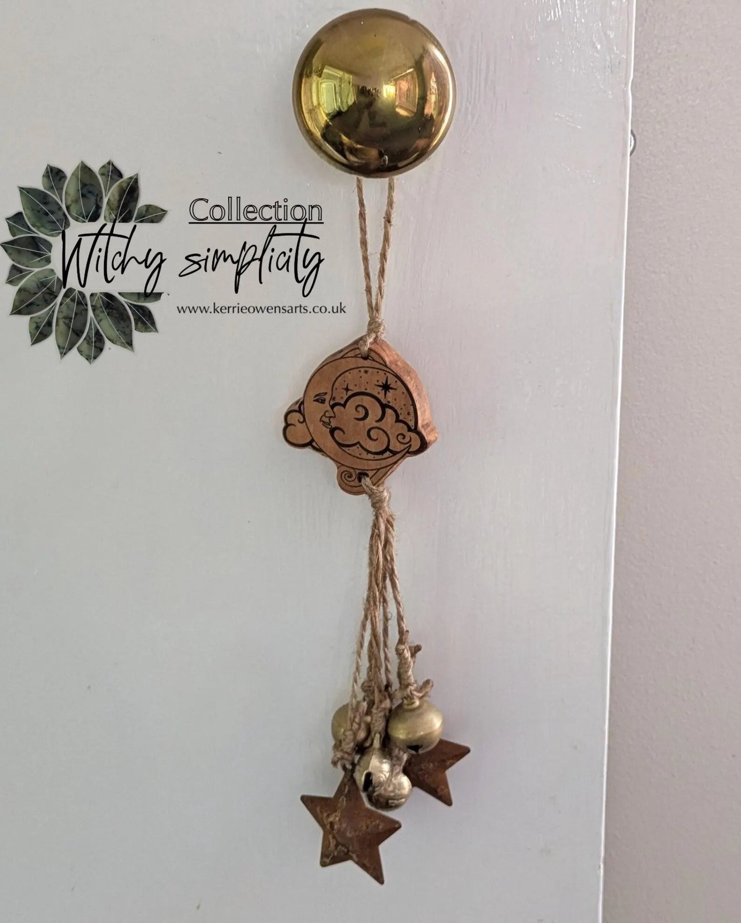 Lime wood , 1920's moon themed witches bells. Laser printed.