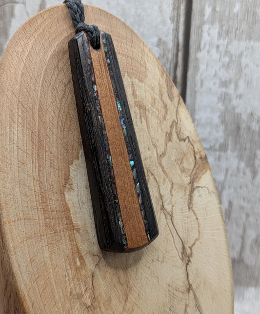Fenland Bog Oak & Swamp Kauri Roimata Pendant with Pāua Inlay