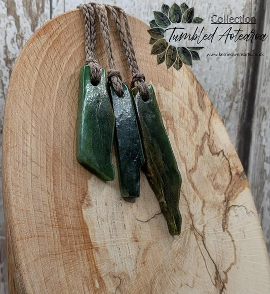 Tumble polished New Zealand Pounamu Jade Necklace – Raw Greenstone Offcut crystal Pendant on Cord, simple spiritual jewellery.