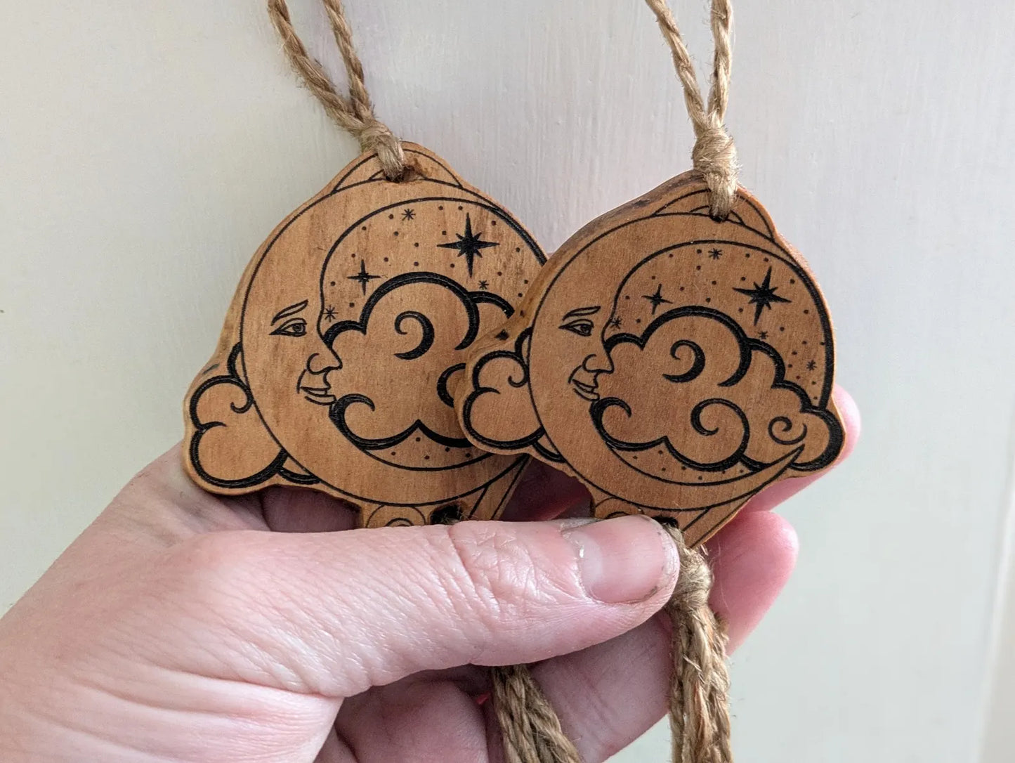 Lime wood , 1920's moon themed witches bells. Laser printed.