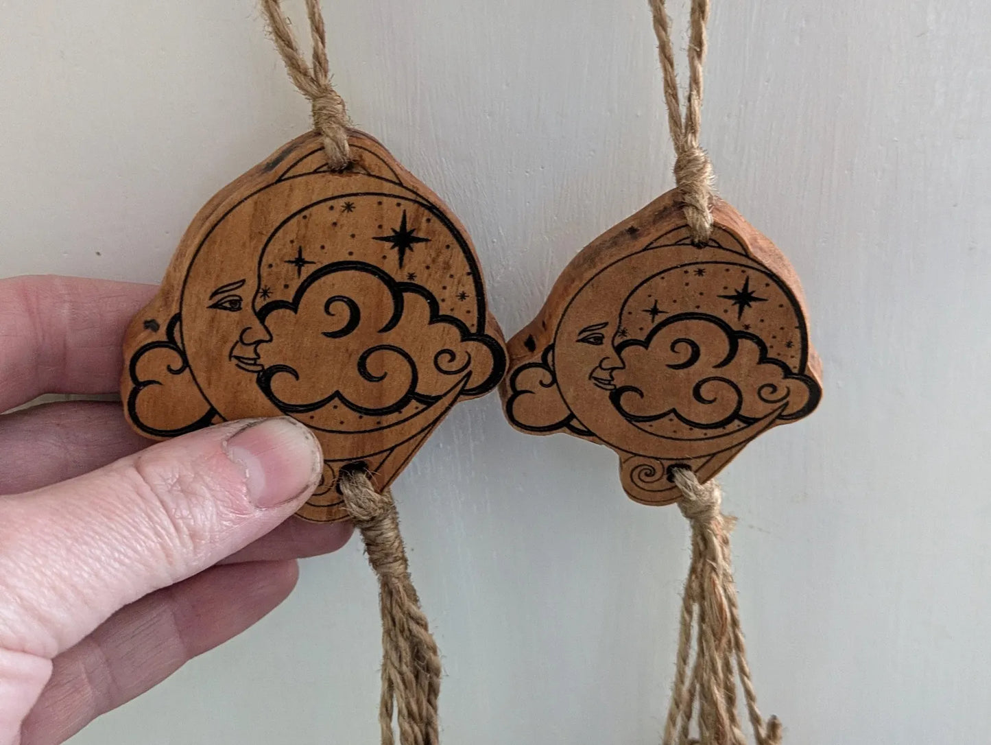 Lime wood , 1920's moon themed witches bells. Laser printed.