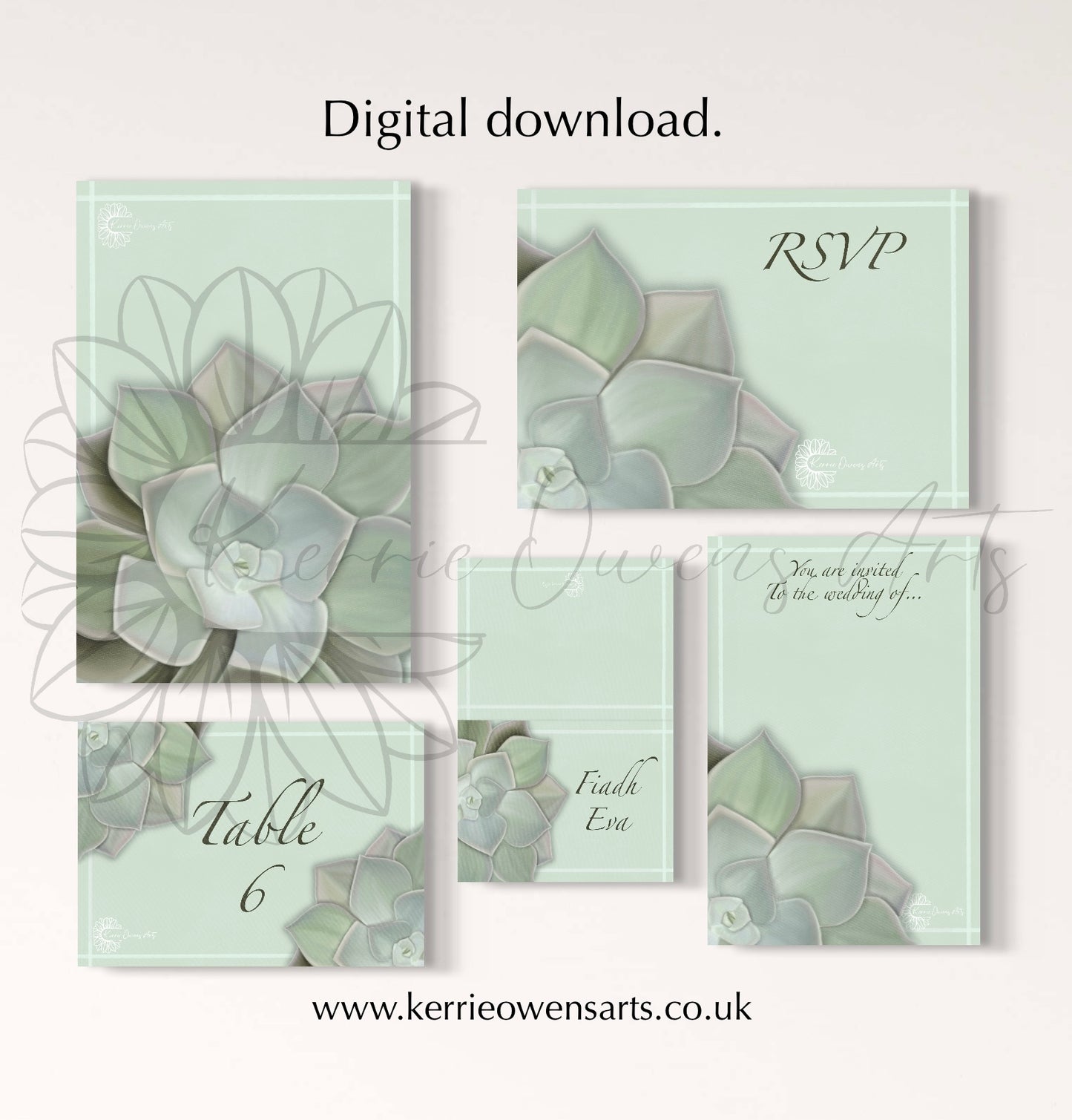 Green succulent wedding/party stationary pack, digital download.