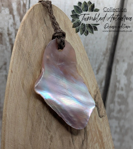 Medium high Iridescent NZ Freshwater Pink Mussel Shell Pendant – Natural Tumbled, Rainbow Shine, Hand-Polished Shell Jewellery