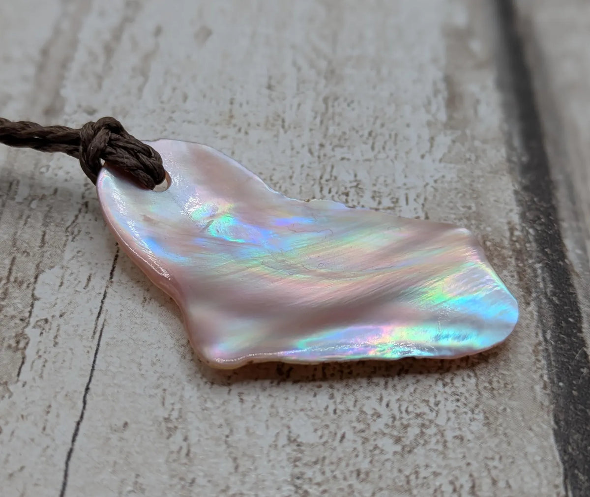 Medium high Iridescent NZ Freshwater Pink Mussel Shell Pendant – Natural Tumbled, Rainbow Shine, Hand-Polished Shell Jewellery
