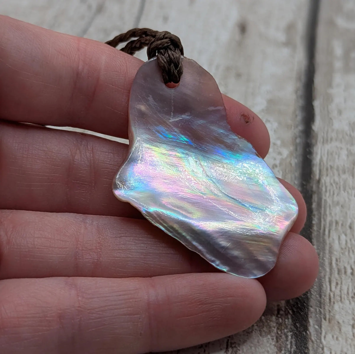 Medium high Iridescent NZ Freshwater Pink Mussel Shell Pendant – Natural Tumbled, Rainbow Shine, Hand-Polished Shell Jewellery