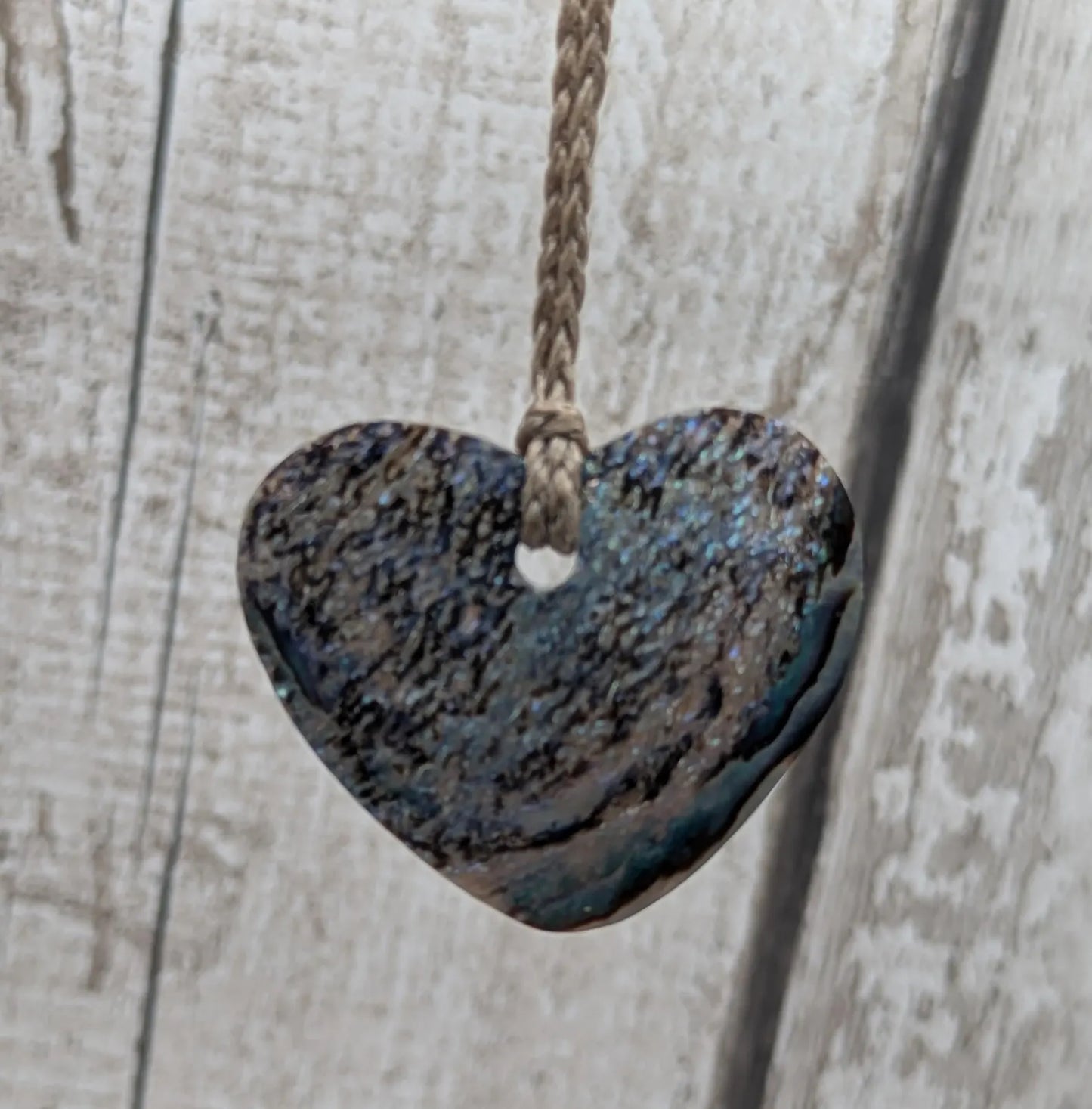 New Zealand Rainbow Pāua Heart Pendant – sea ocean themed love Tonga, Iridescent Abalone Necklace on Adjustable Waxed Cord.