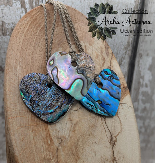 New Zealand Rainbow Pāua Heart Pendant – sea ocean themed love Tonga, Iridescent Abalone Necklace on Adjustable Waxed Cord.
